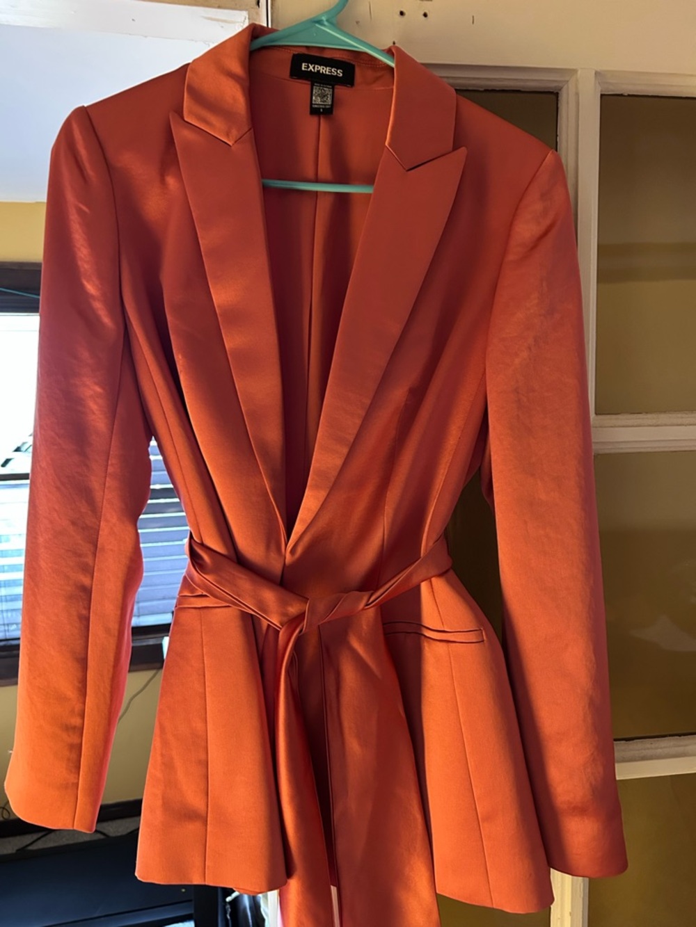Express satin blazer with sash, size S, coral